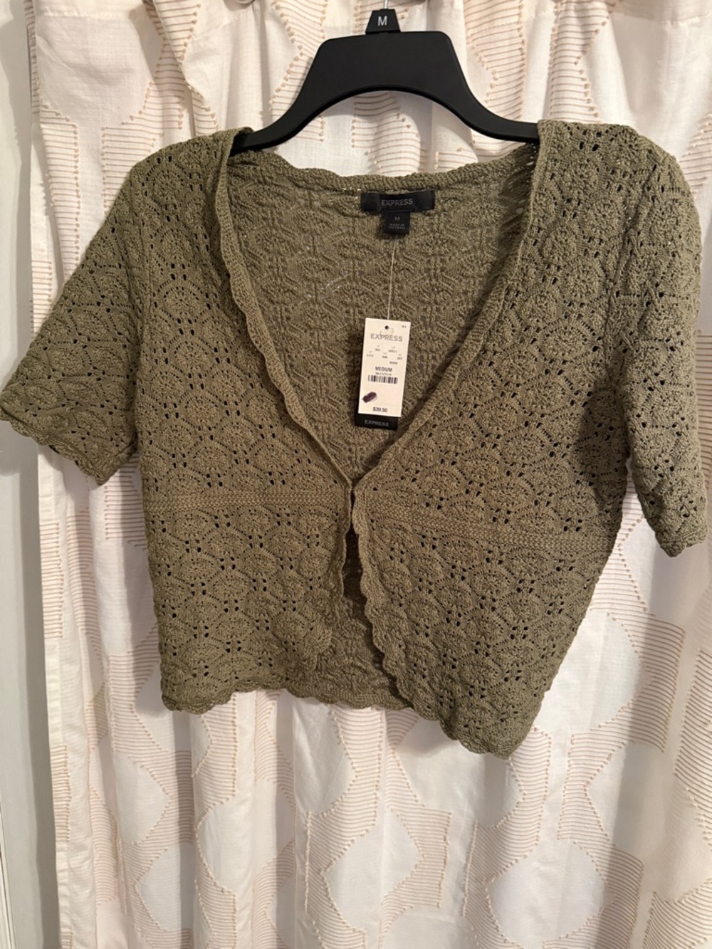 Express Olive Crochet Short Sleeve Open-Front Cardigan